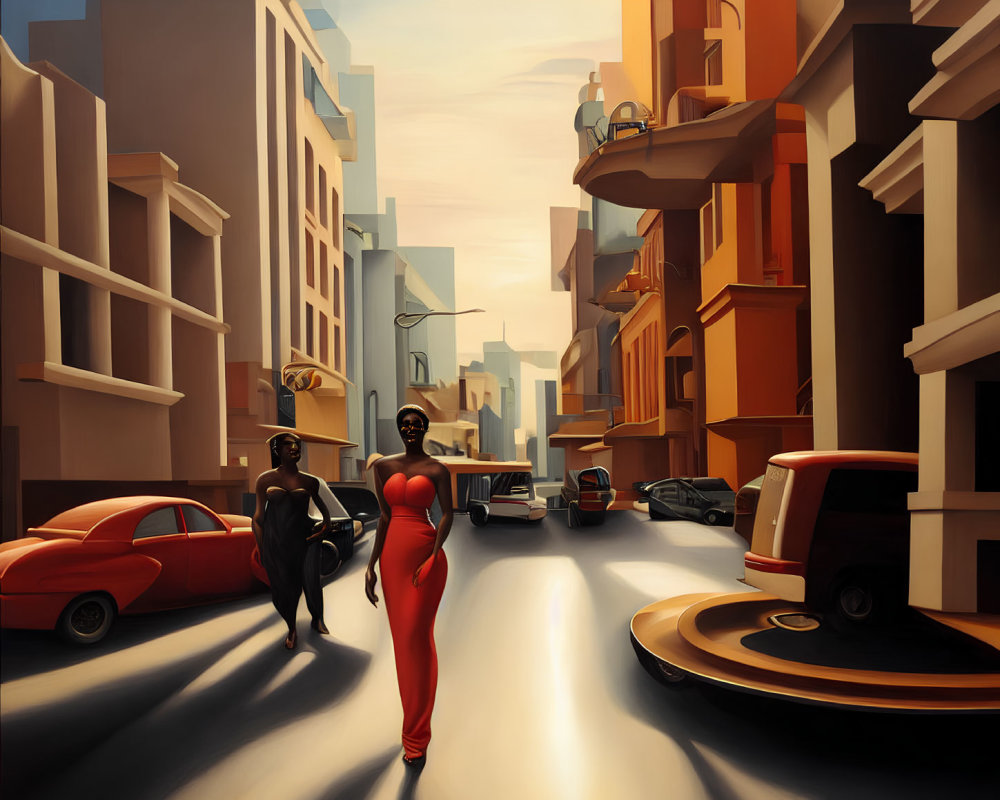 Stylized painting of two women in urban setting