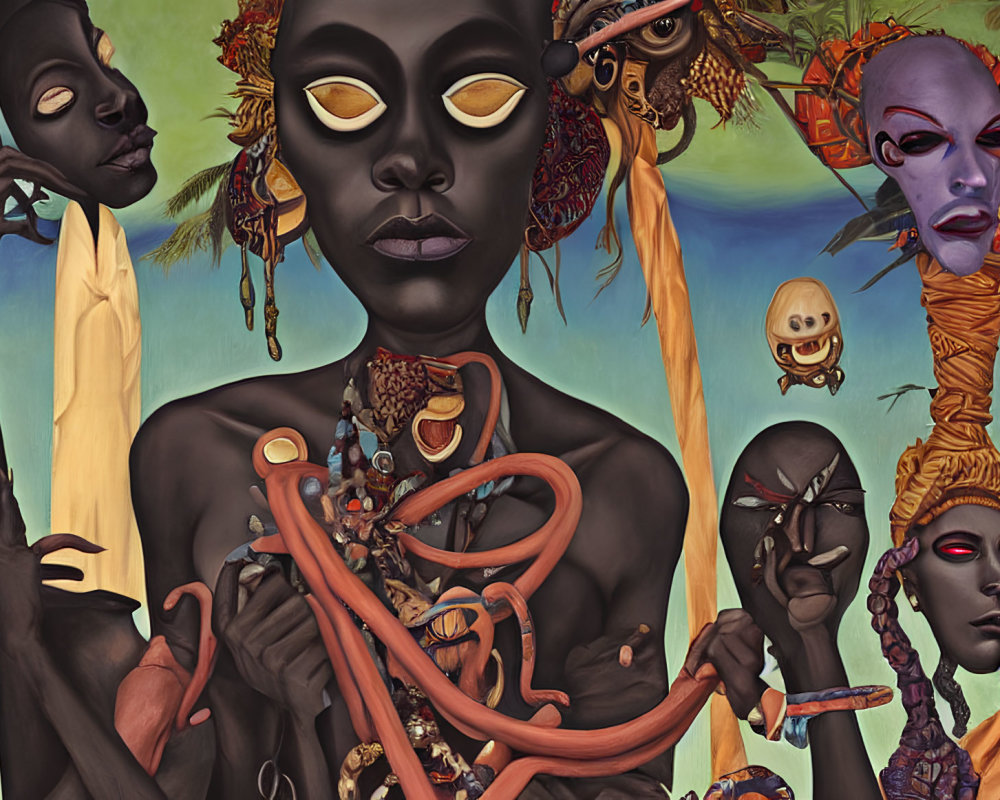 Surreal painting: Multiple faces in earthy tones with jewelry and headdresses, some with stretched