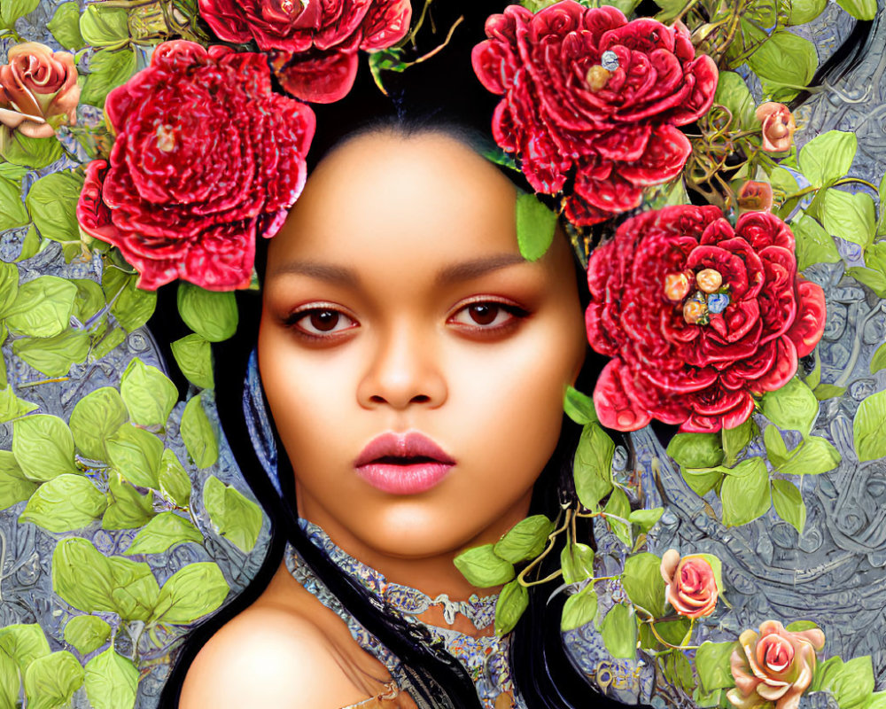 Digital artwork of woman's face with red roses and green leaves on blue background