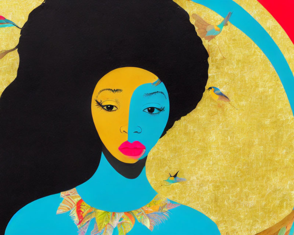 Colorful Afro Woman Artwork with Birds on Gold Background