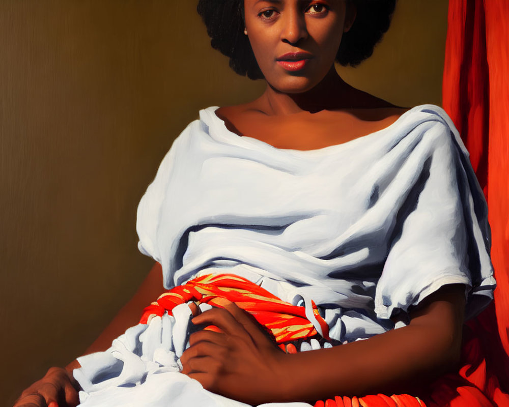 Woman in White Top and Red-Striped Skirt Sitting Against Brown Background