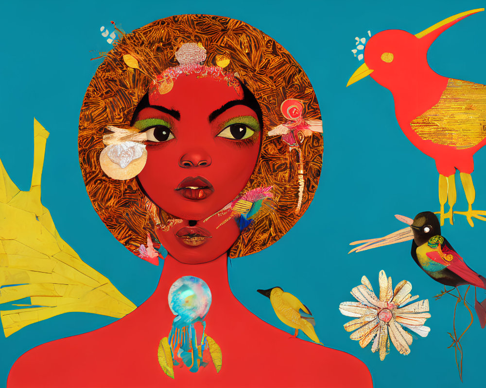 Vibrant woman with red hair and floral crown, surrounded by birds and sea creatures on blue background