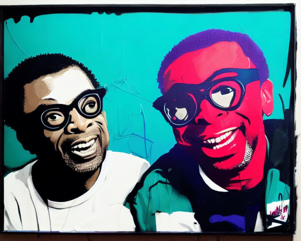 Vibrant pop art painting of smiling figures with black glasses on blue background