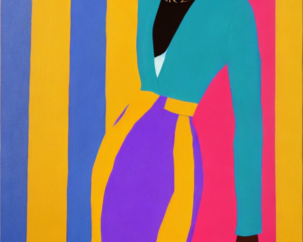 Vibrant illustration of a stylized woman in cyan top and purple skirt