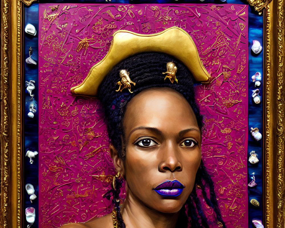 Intense gaze woman portrait with blue lips and beret on red backdrop