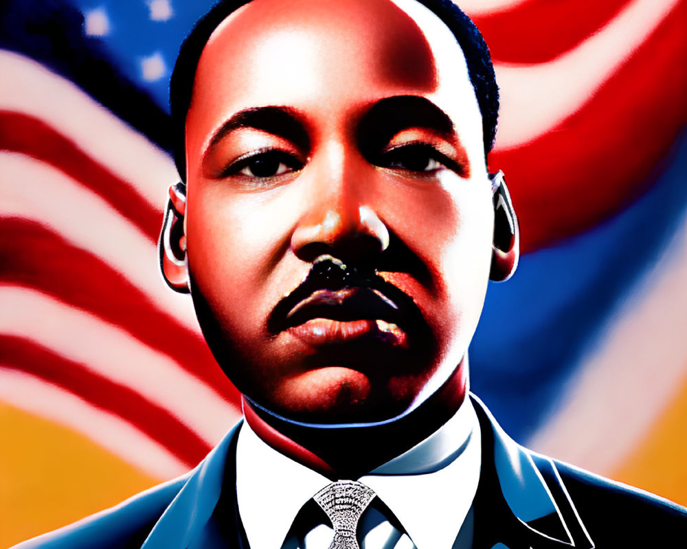 Intense gaze portrait of Martin Luther King Jr. in suit and tie on American flag backdrop