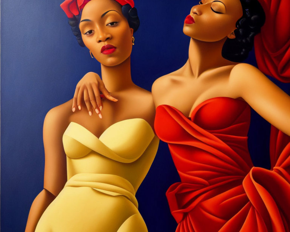 Two women in elegant dresses and headwraps on blue background