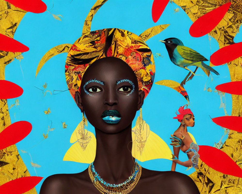 Colorful artwork of woman with blue lips, golden headwrap, and bird on patterned background