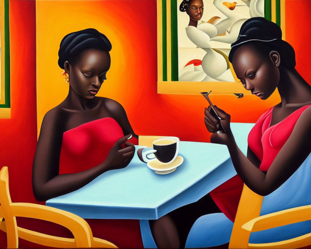 Two women in vibrant dresses at a table with coffee, absorbed in phones, abstract paintings in the background