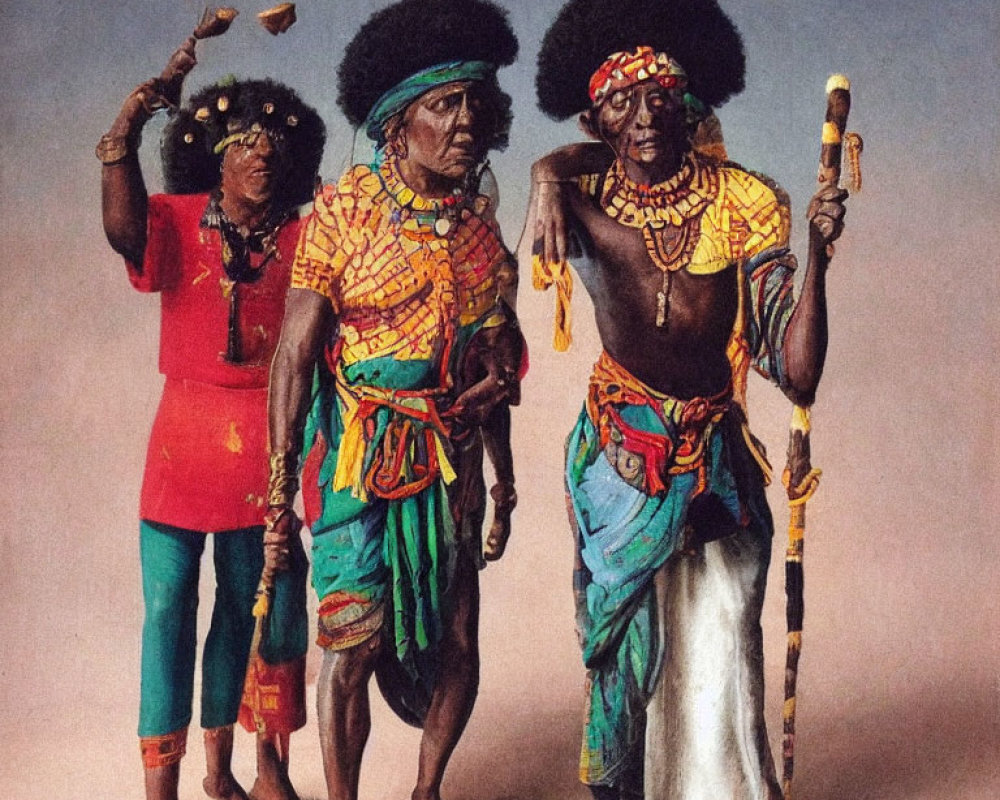 Three individuals in vibrant tribal attire with beads and headdresses, one juggling on neutral backdrop