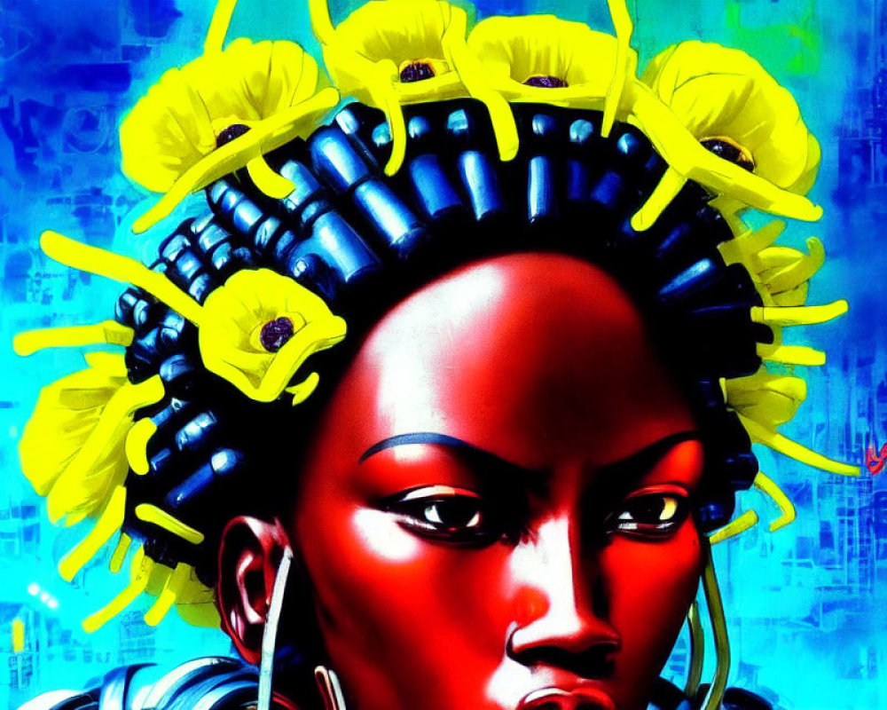 Colorful artwork featuring woman with red skin and floral bullet headdress