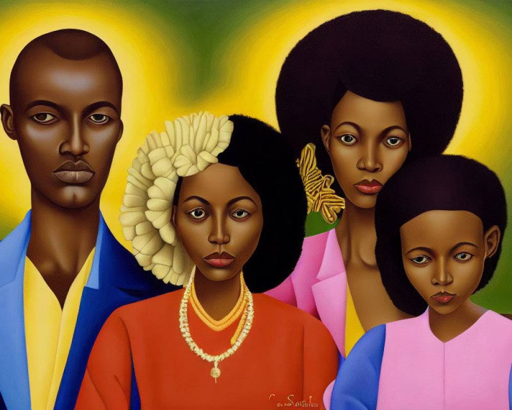 Colorful Family Portrait with Large Eyes and Afros on Yellow Background