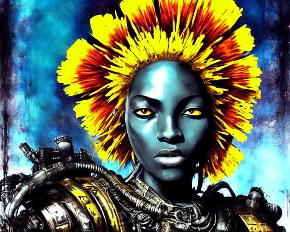 Female figure with metallic cybernetic parts and blue skin, adorned with a glowing sunflower halo