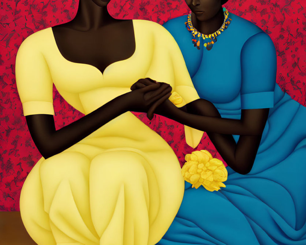 Two Women in Yellow and Blue Dresses on Red Patterned Background