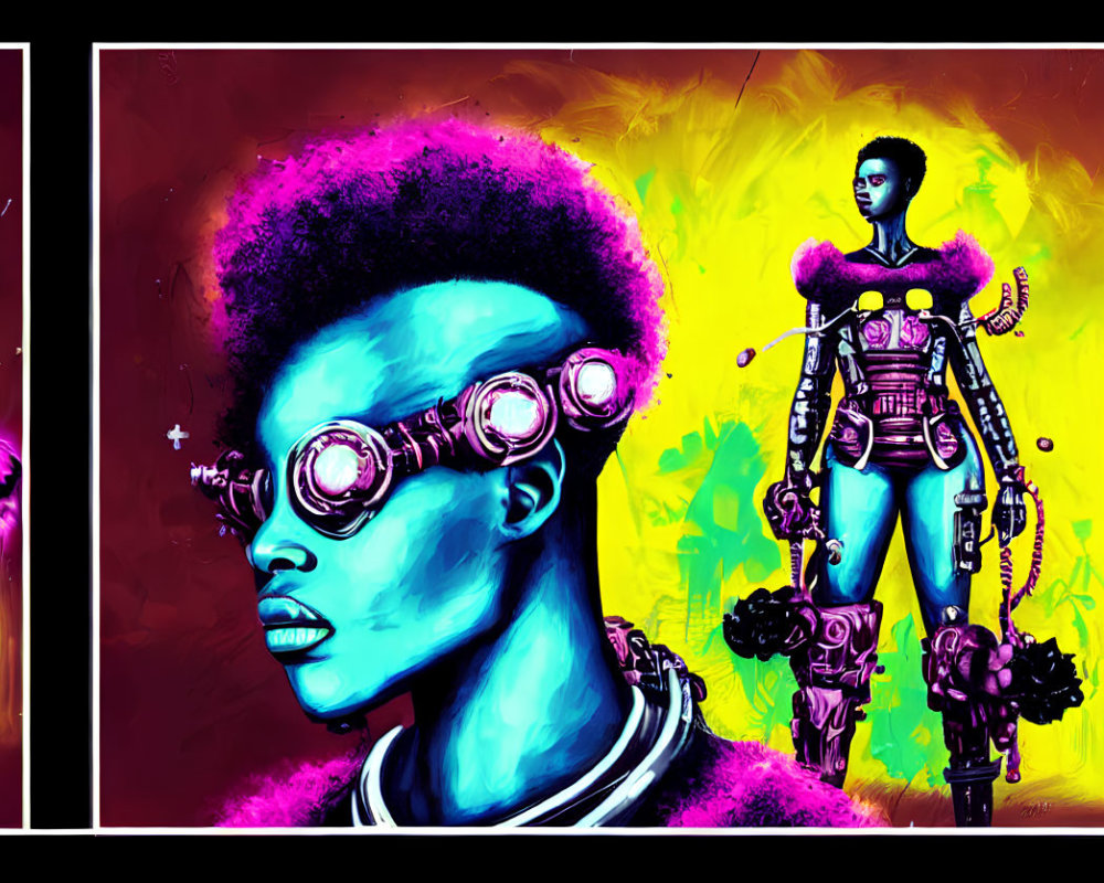 Colorful digital art featuring afro person, cyborg, and vibrant background