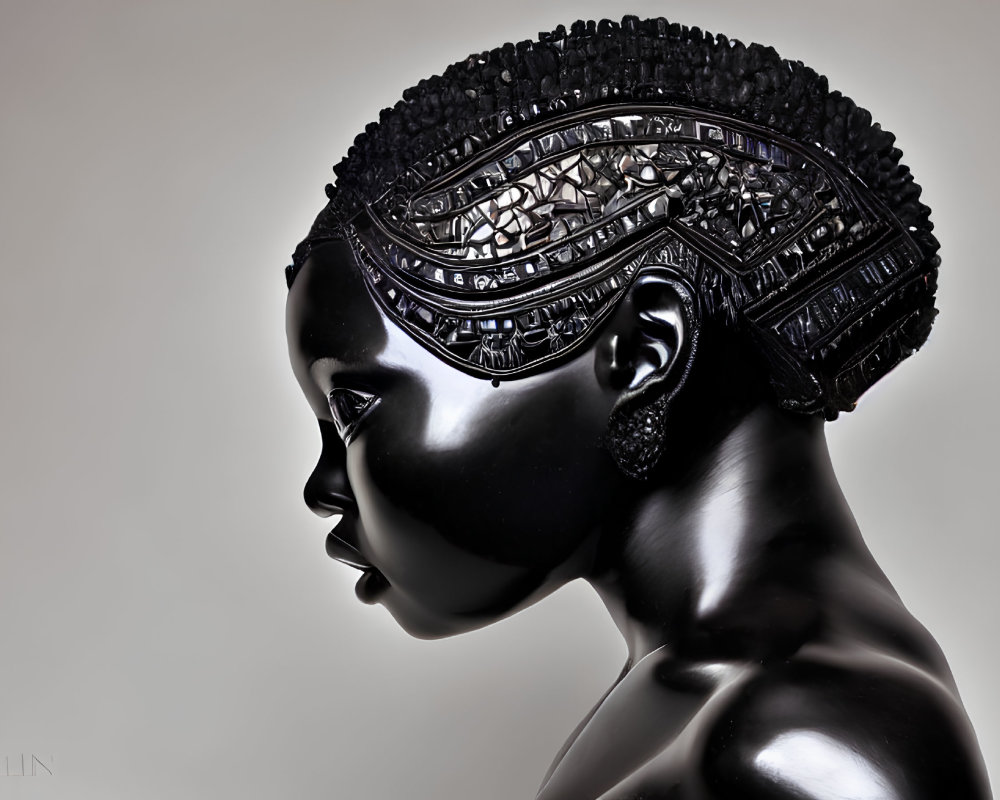 Detailed African woman bust sculpture with intricate hair and headpiece