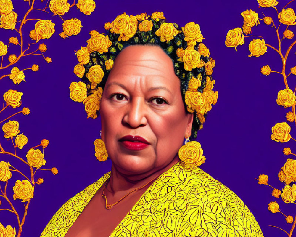 Woman with Floral Headdress on Purple Background with Yellow Roses