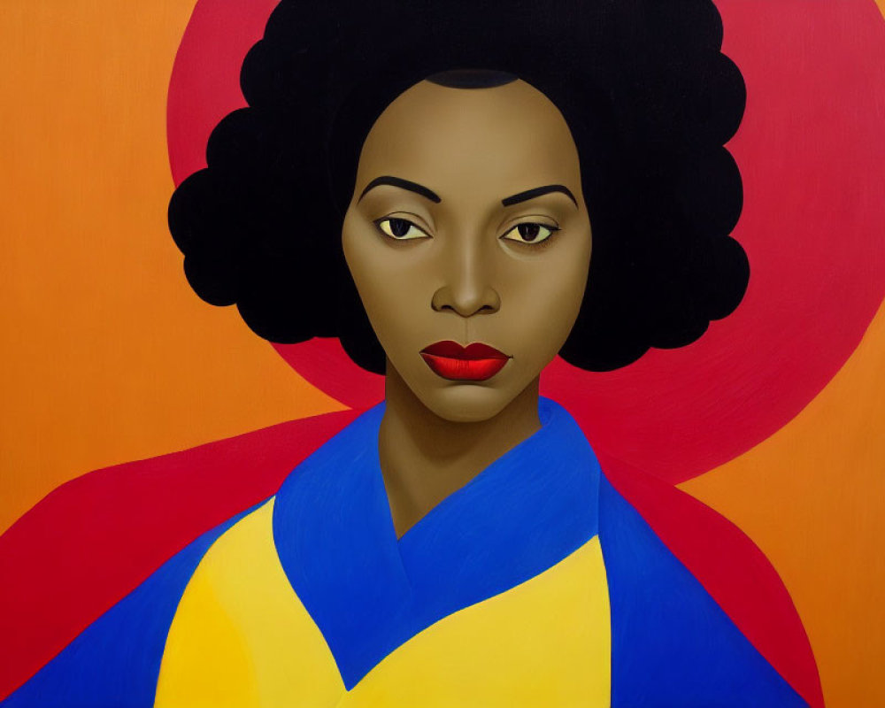 Stylized portrait of woman with large afro on red background wearing blue and yellow top