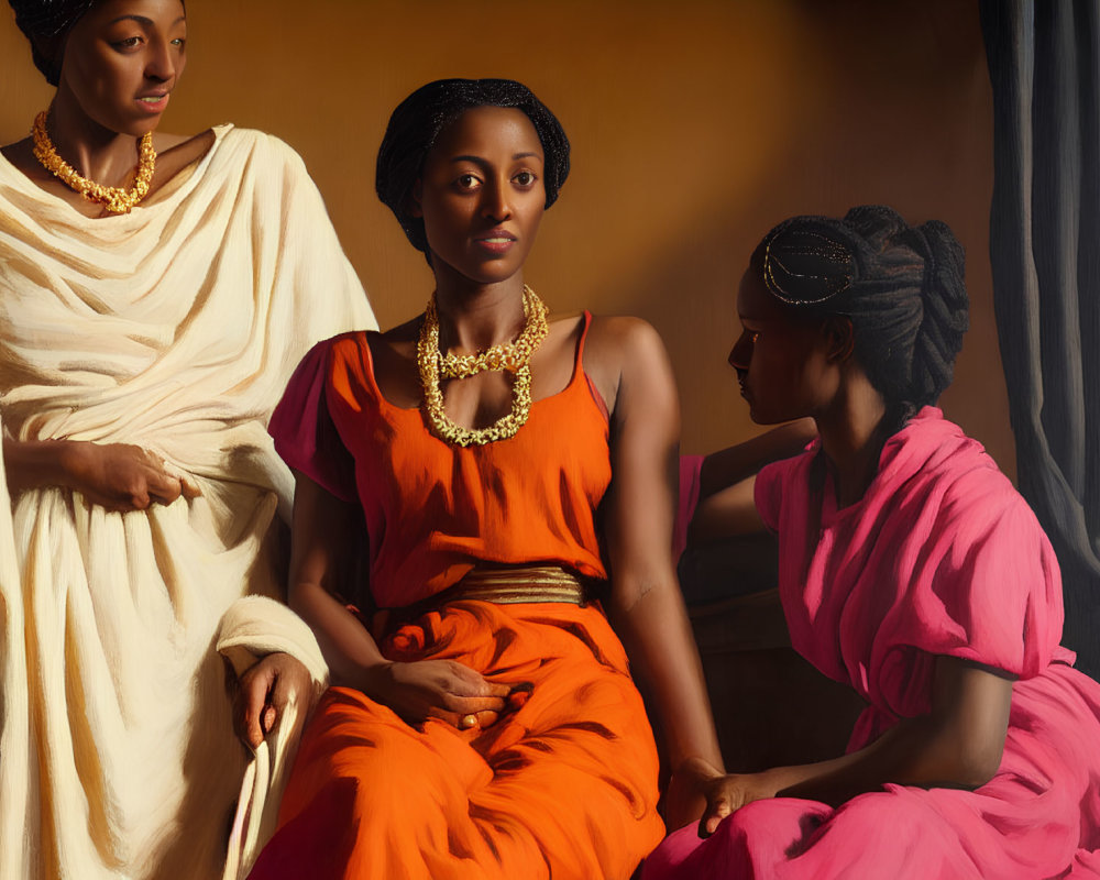 Three women in vibrant traditional attire with intricate hairstyles sitting together in elegant and culturally rich display.