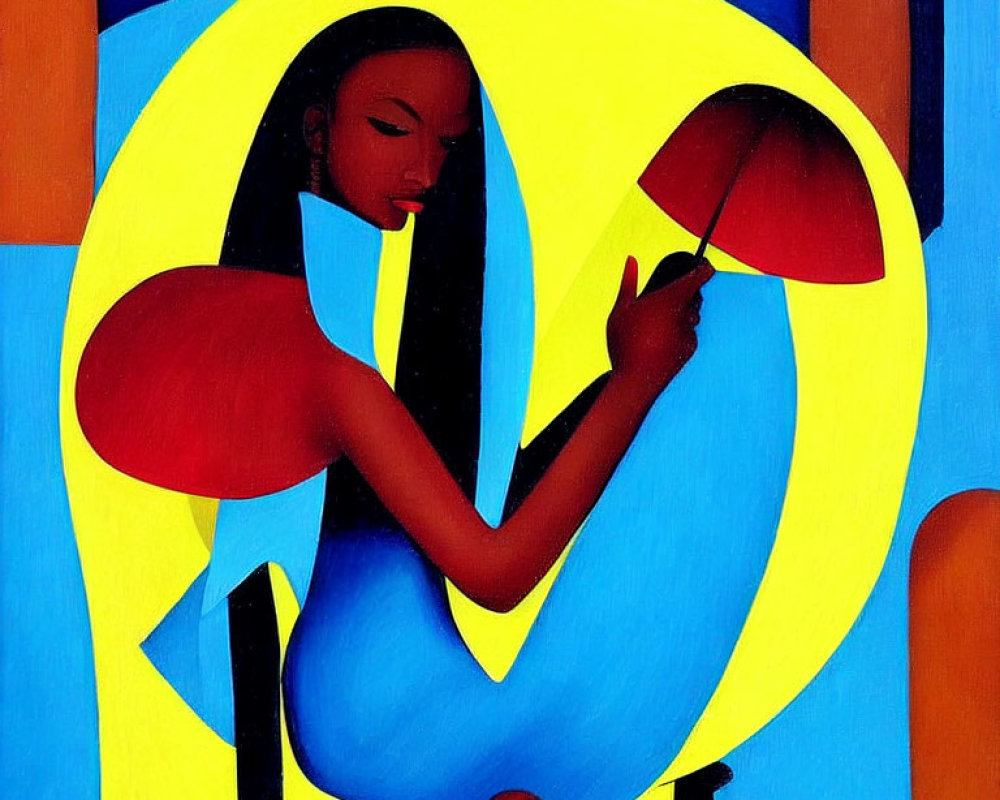 Abstract modern art: Woman with umbrella in bold colors & geometric shapes