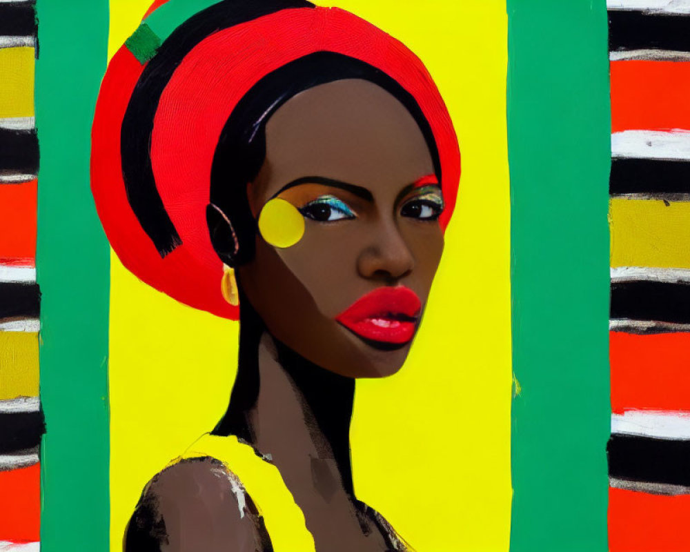 Vibrant painting of a woman with red headwrap and yellow earring