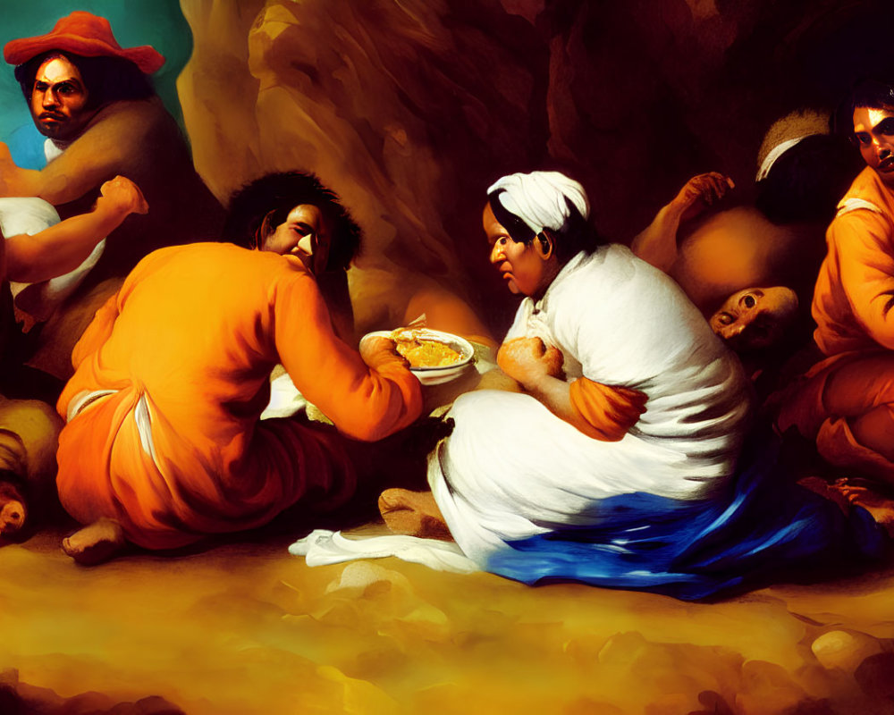 Colorfully dressed group conversing and sharing food in cave-like setting