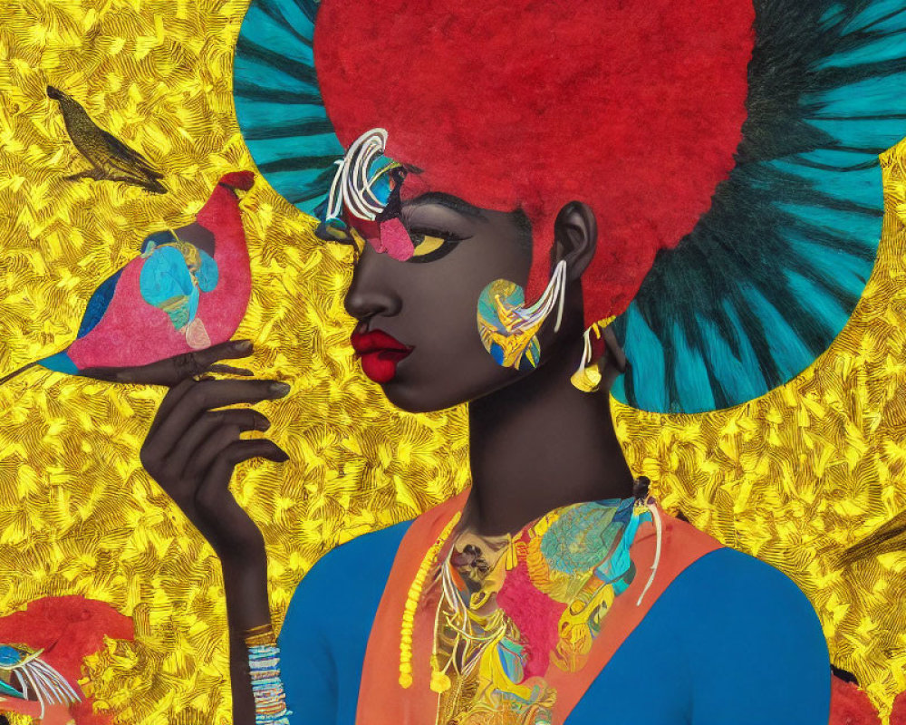 Colorful woman with red afro holding stylized bird in vibrant setting