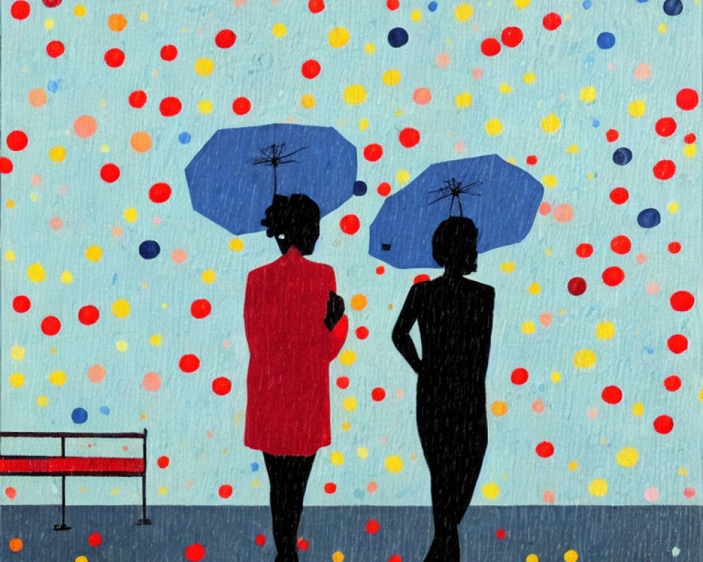 Silhouetted figures with umbrellas under colorful rain and bench.