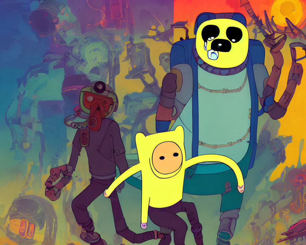 Colorful Sci-Fi Illustration Featuring Jake the Dog and Finn the Human with Robots and Futuristic Elements