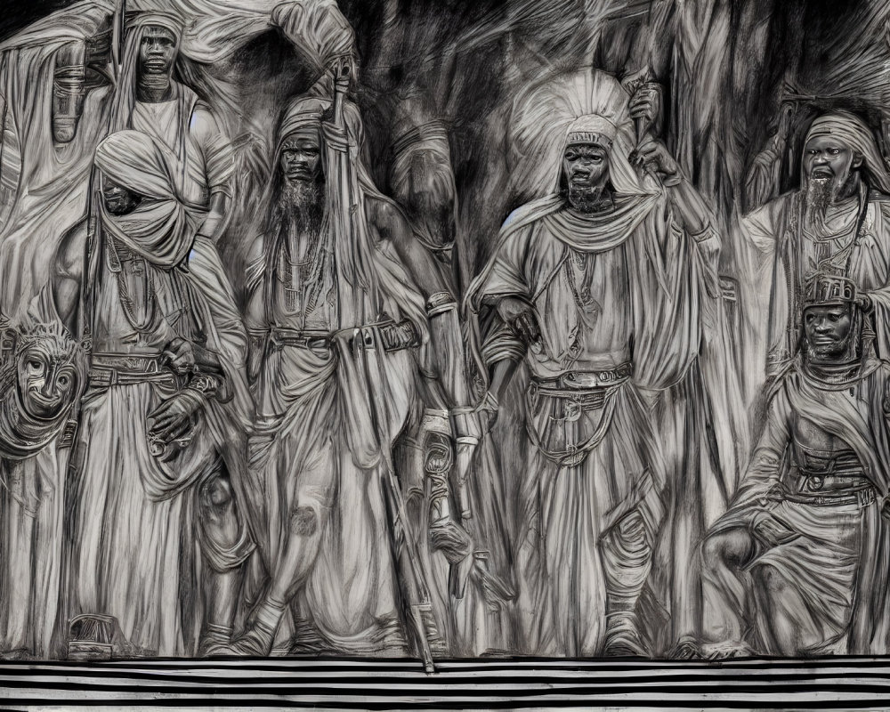 Monochrome artwork of five diverse warrior figures in regal attire.