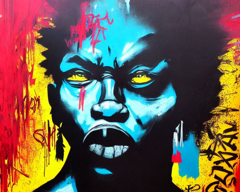 Colorful street art portrait with blue skin and yellow eyes on vibrant background