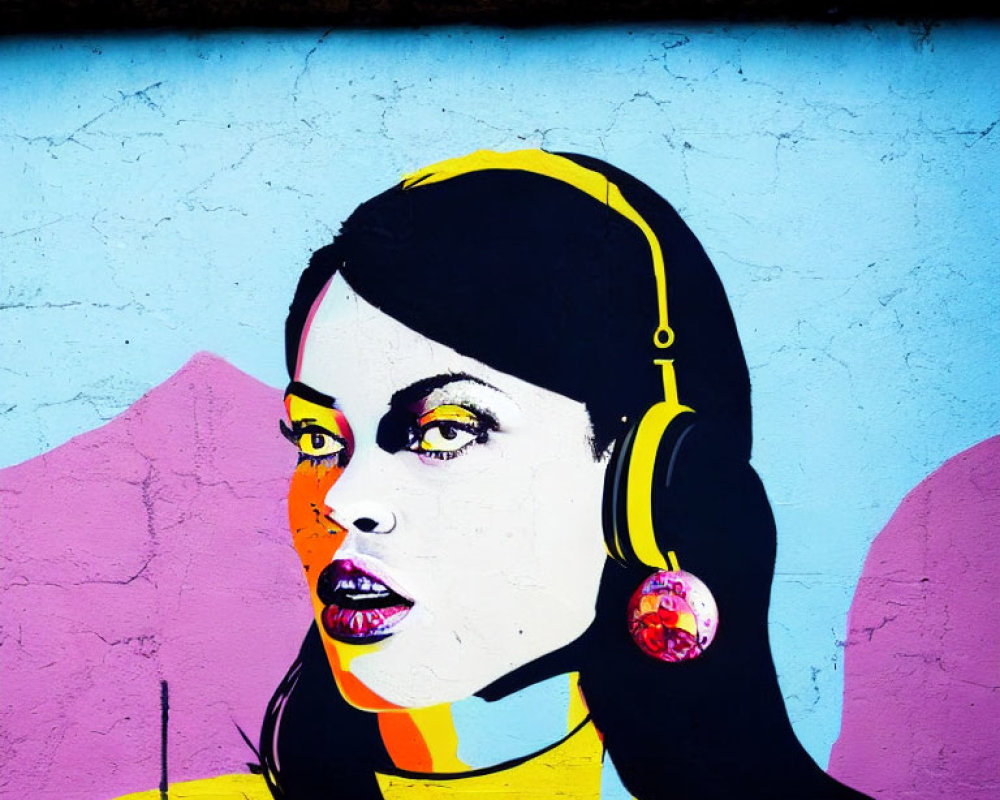 Vivid yellow, pink, and blue street art of a woman with headphones against a cracked wall