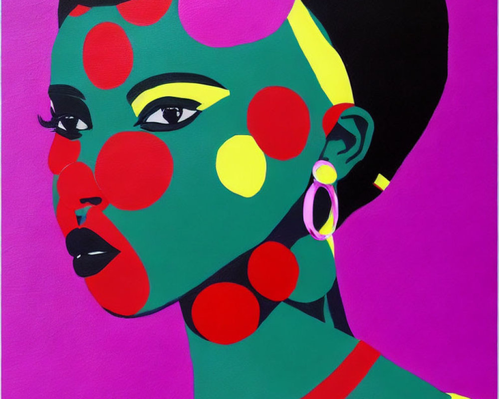 Vibrant portrait of woman with green skin and red polka dots