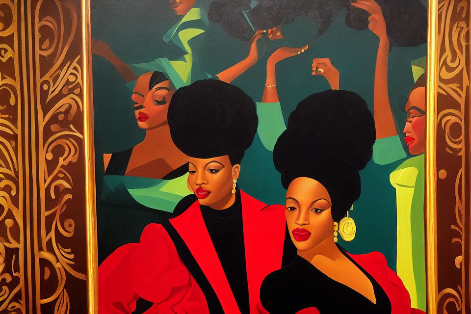 Vivid painting of three women with afro hairstyles in elegant attire