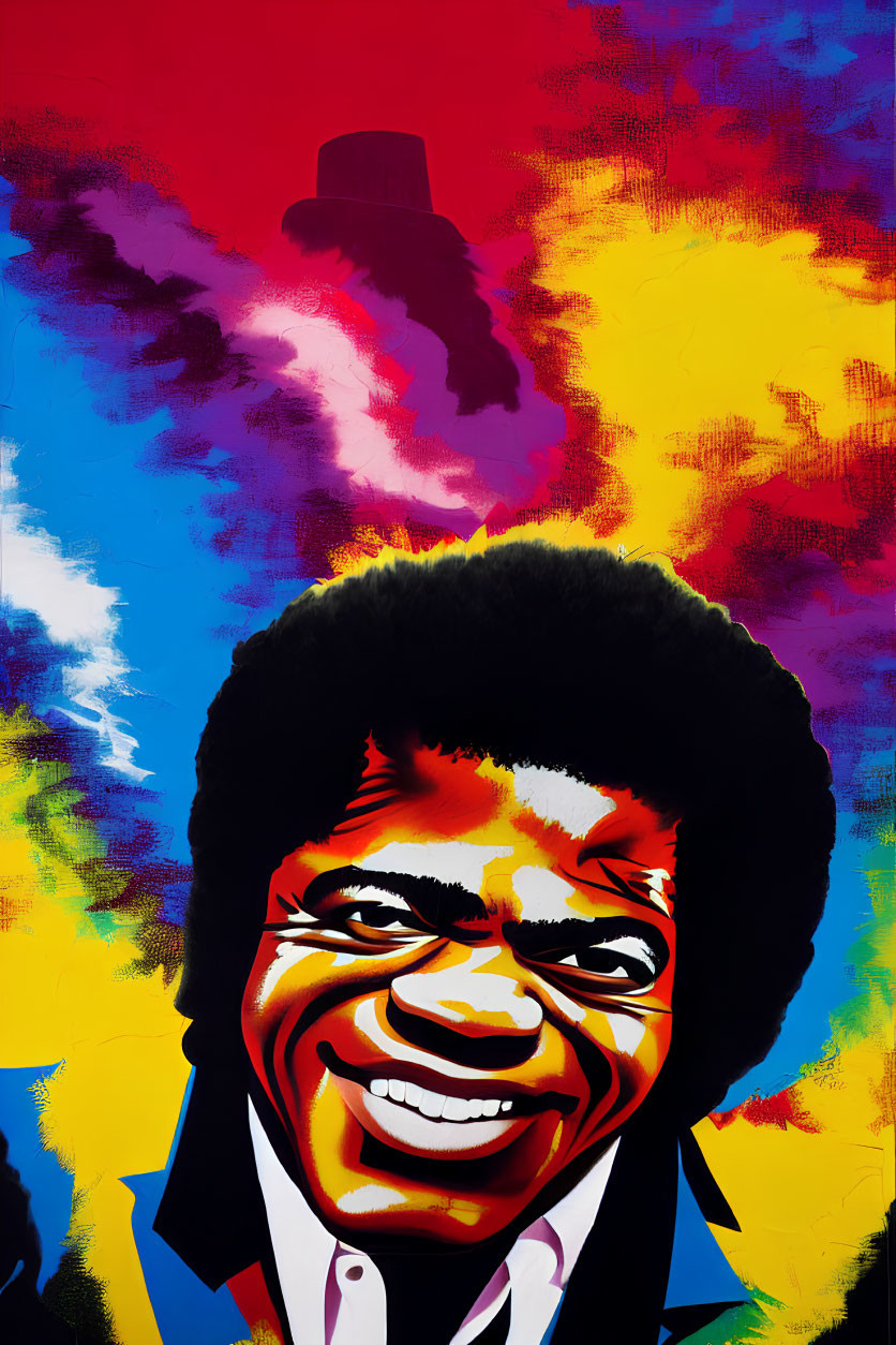 Colorful graffiti artwork featuring smiling man with afro and hat.