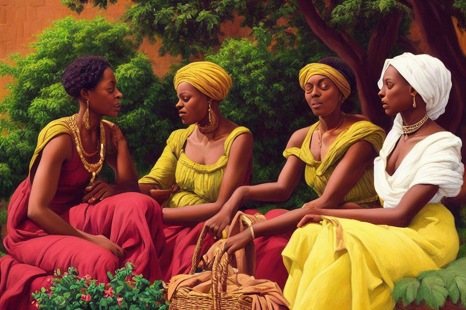 Four Women in Vibrant Traditional African Attire Talking in Lush Surroundings