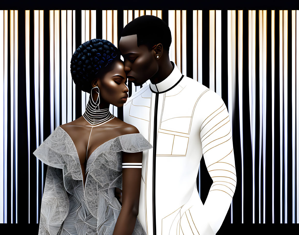 Stylized figures with intricate hairstyles in futuristic clothing against striped background