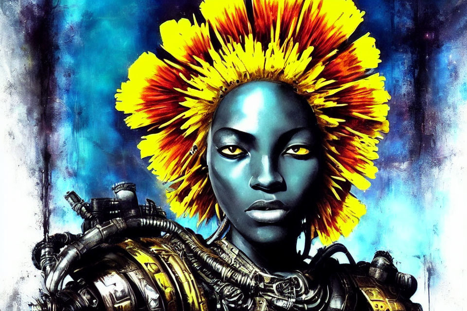 Female figure with metallic cybernetic parts and blue skin, adorned with a glowing sunflower halo