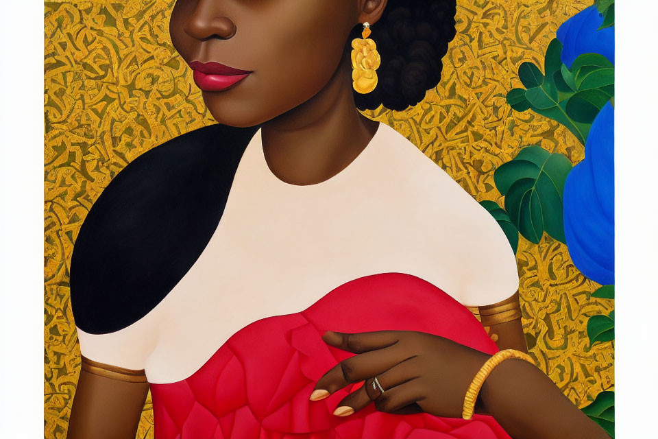 Dark-skinned woman in red dress with gold jewelry on yellow background with blue flowers