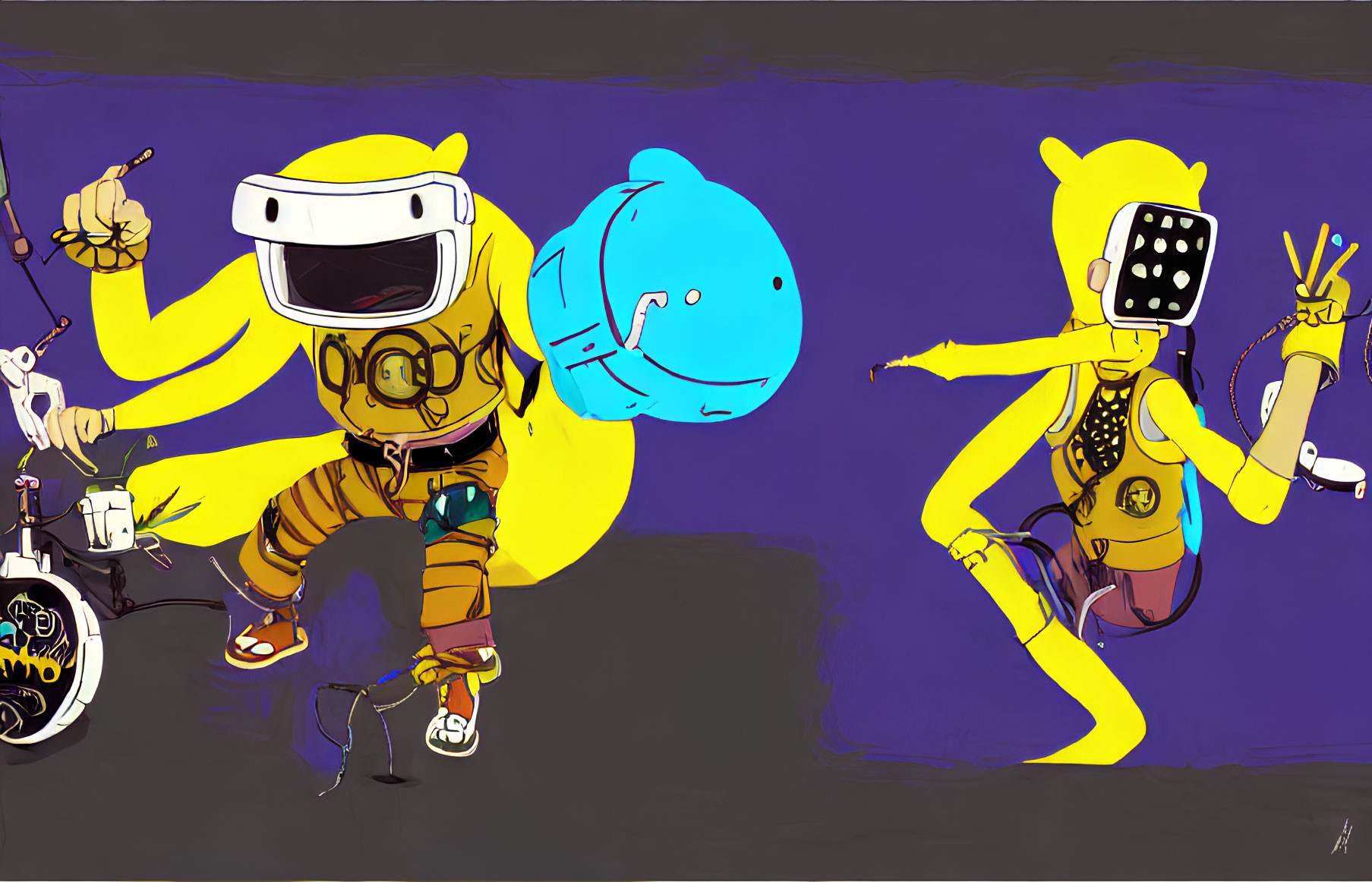 Whimsical yellow characters in space suits dancing on purple background