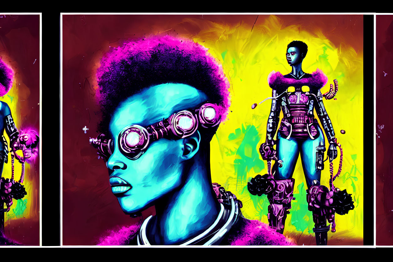 Colorful digital art featuring afro person, cyborg, and vibrant background