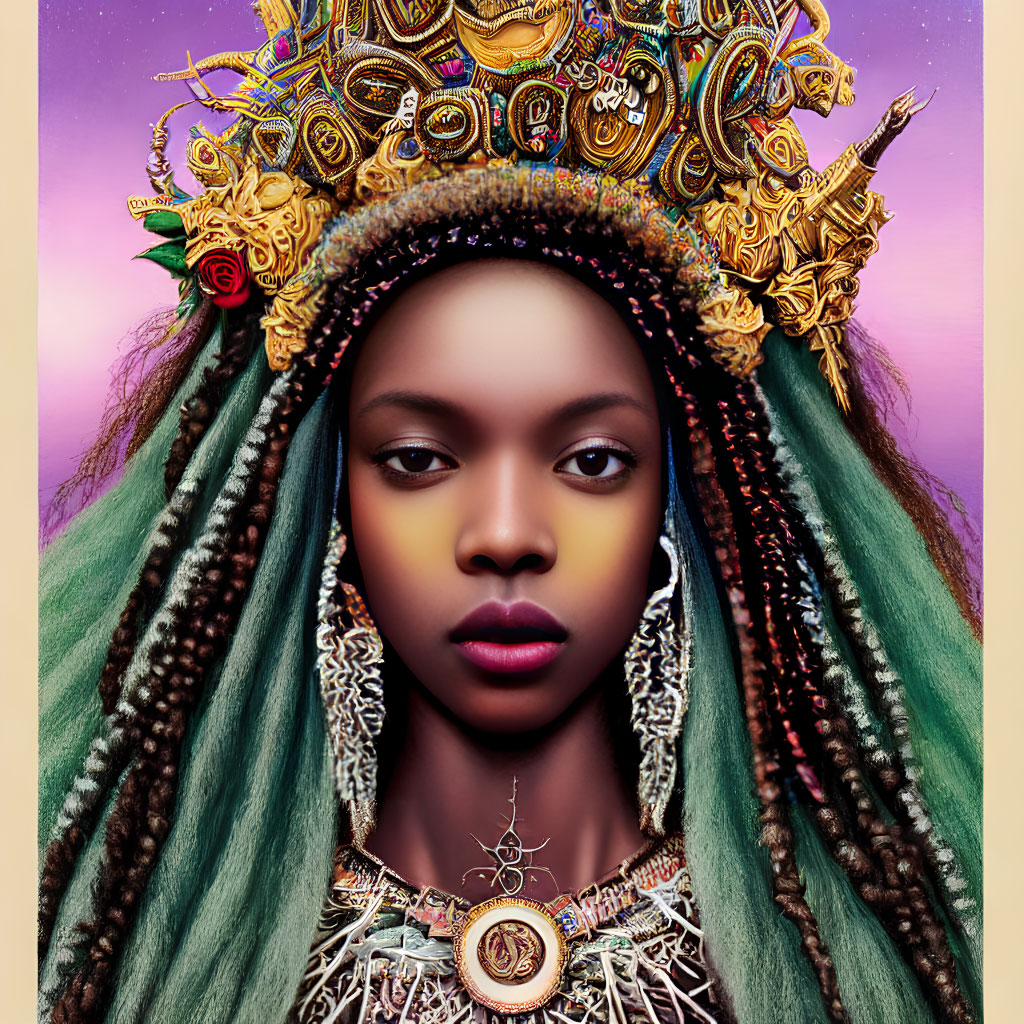 Regal portrait of a woman in ornate golden crown and vibrant colors