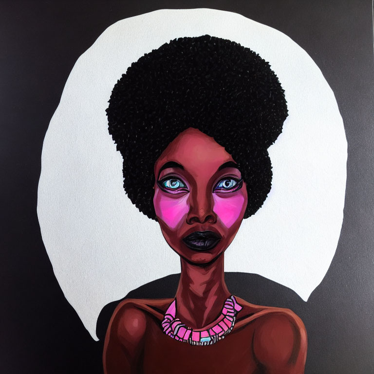 Portrait of a person with afro and purple lips on dark background