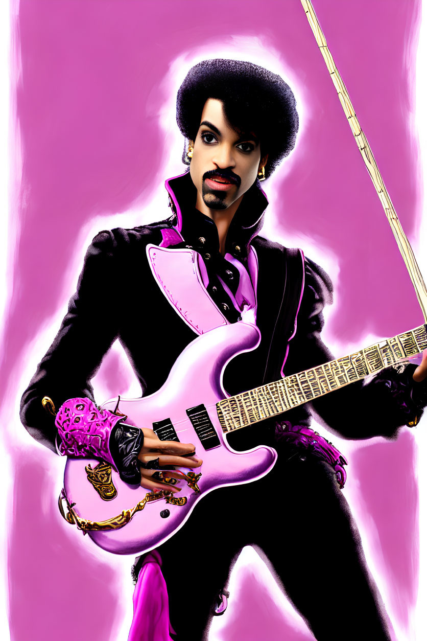 Illustrated figure in flamboyant purple outfit with unique guitar on pink background