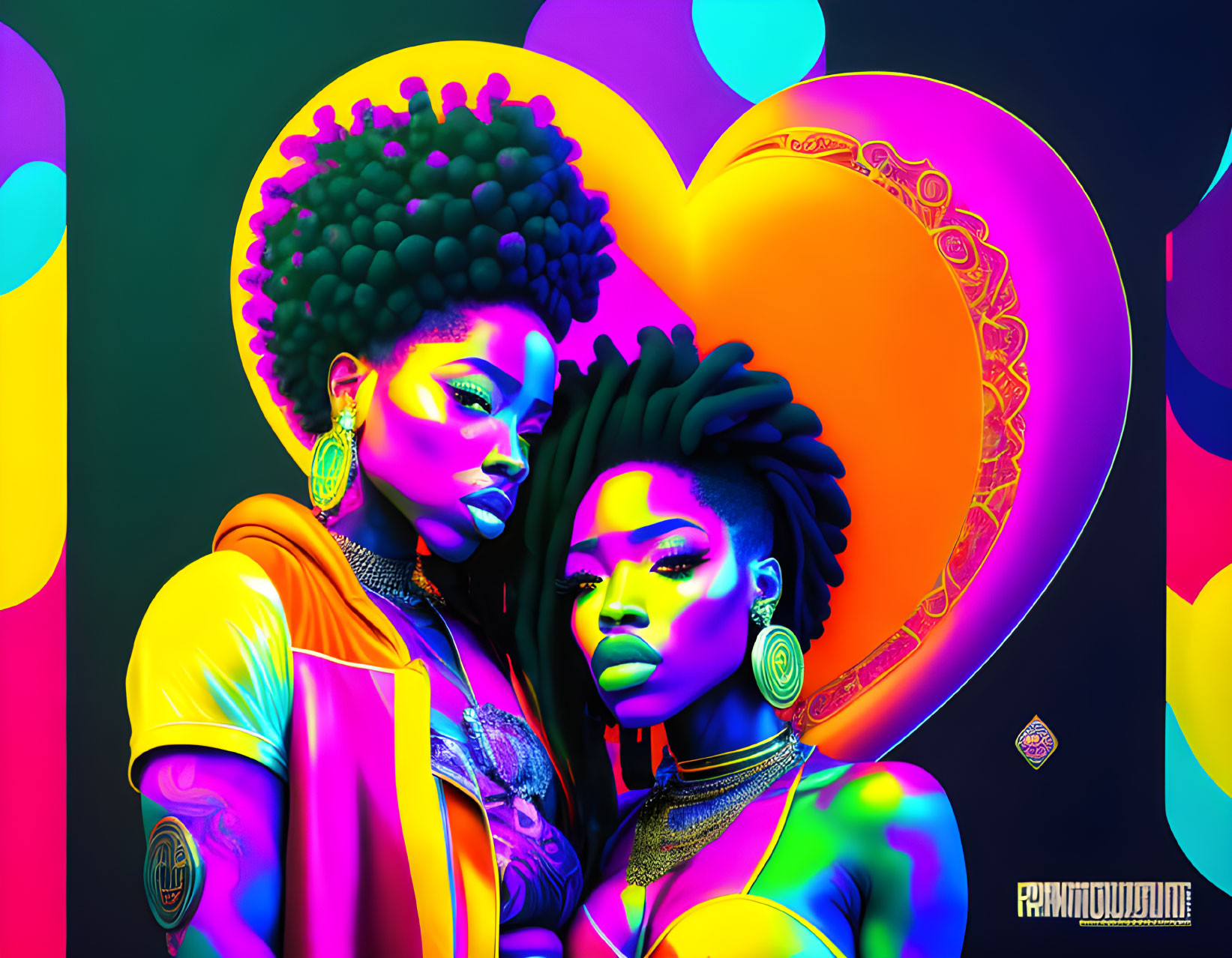 Colorful illustration: Two women with afro hairstyles in neon-lit scene