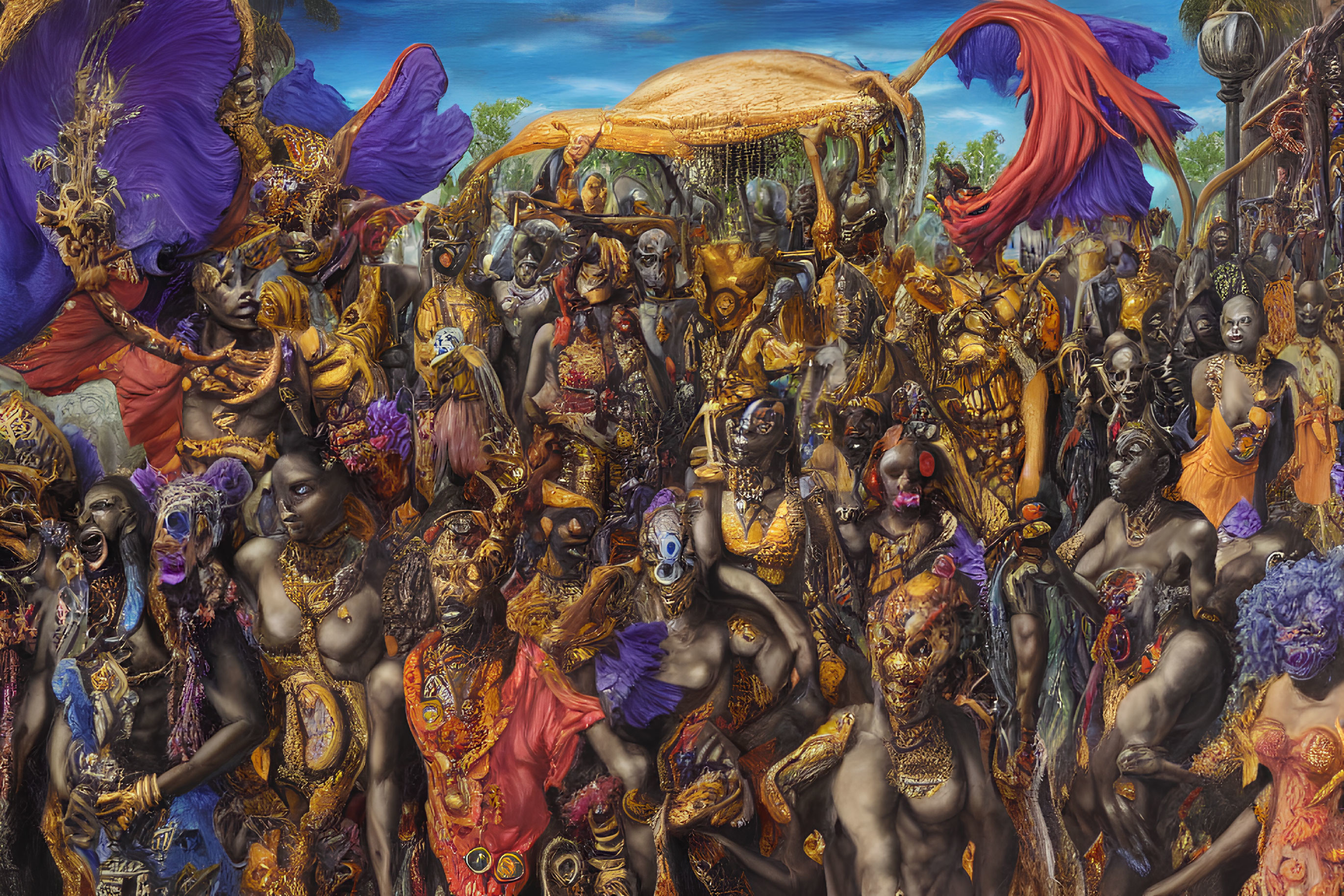 Colorful painting of people in body paint and elaborate costumes.