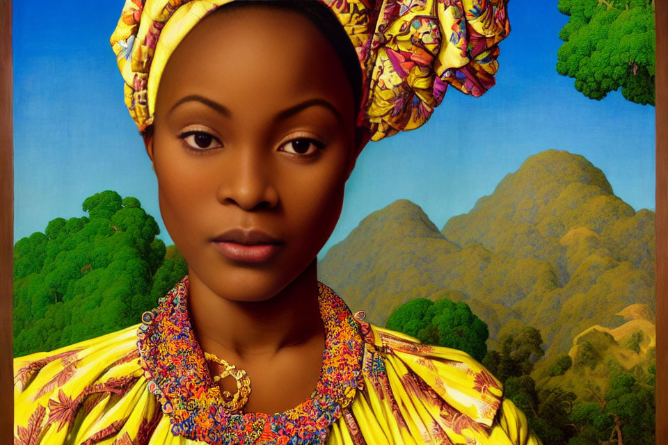 Colorful Headwrap Woman in Yellow Clothing Against Vibrant Landscape