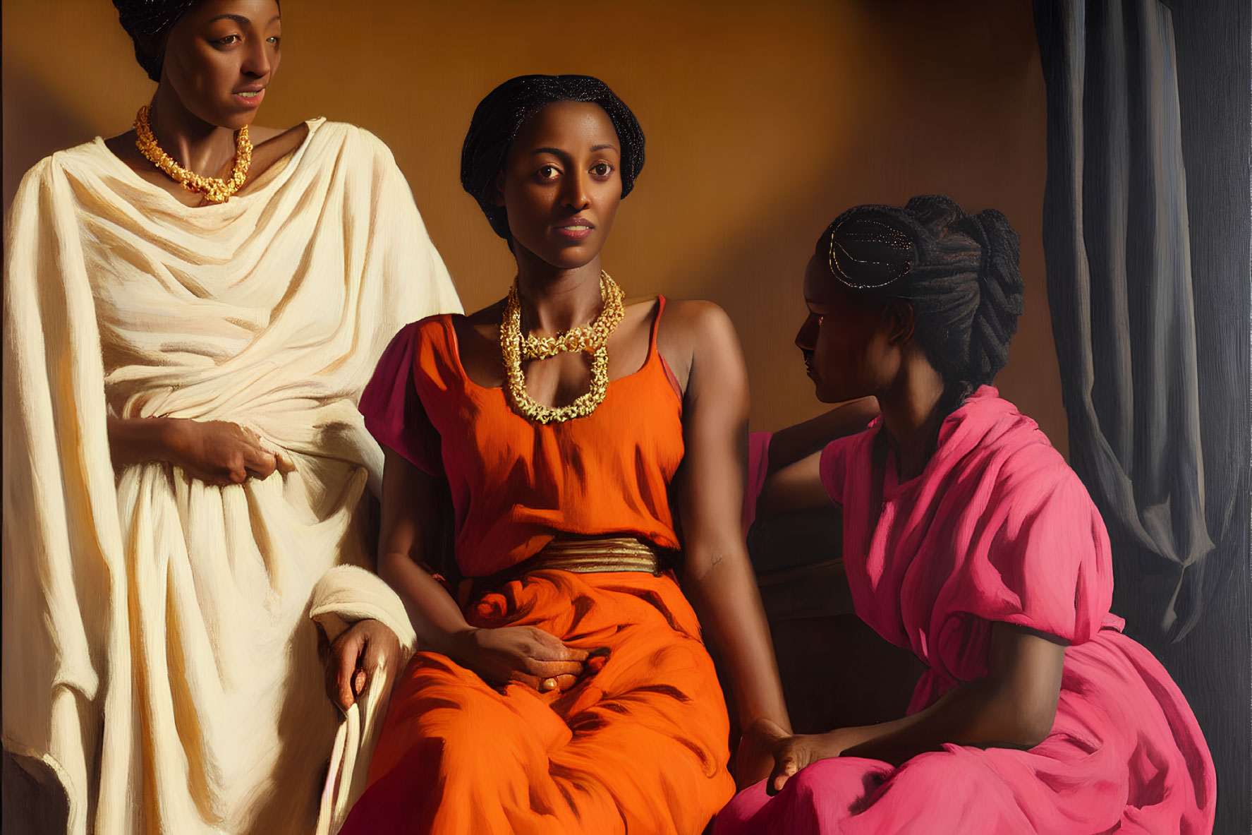 Three women in vibrant traditional attire with intricate hairstyles sitting together in elegant and culturally rich display.