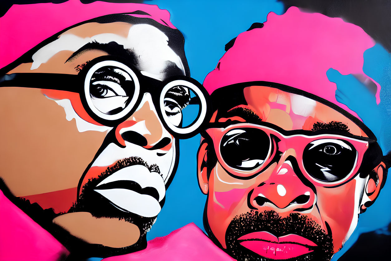 Vibrant street art featuring two figures with glasses and pink accents on blue backdrop