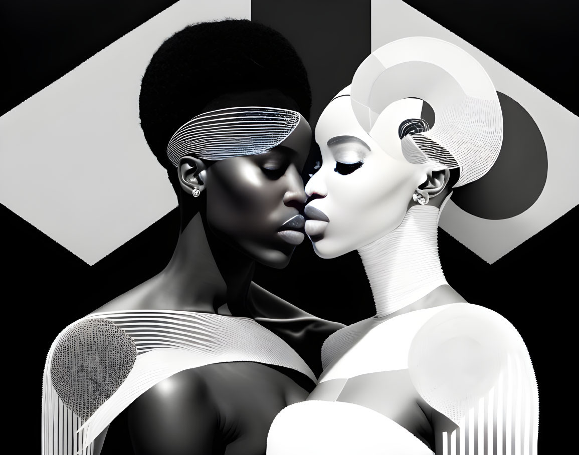 Stylized figures with dark and light skin against geometric black and white background